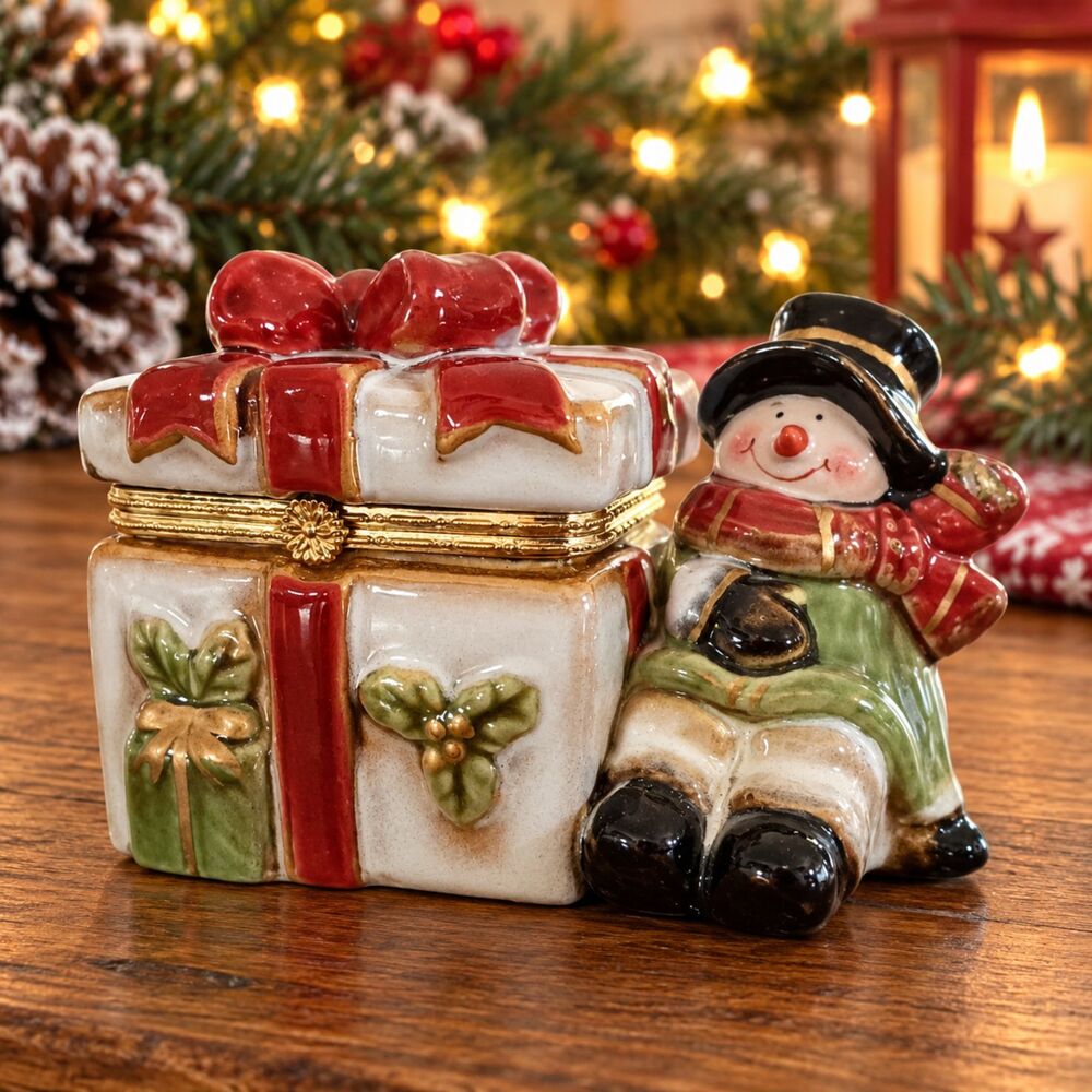 Vintage Kirkland's Snowman Gift Hinged Trinket Keepsake Box Christmas 2.75"
